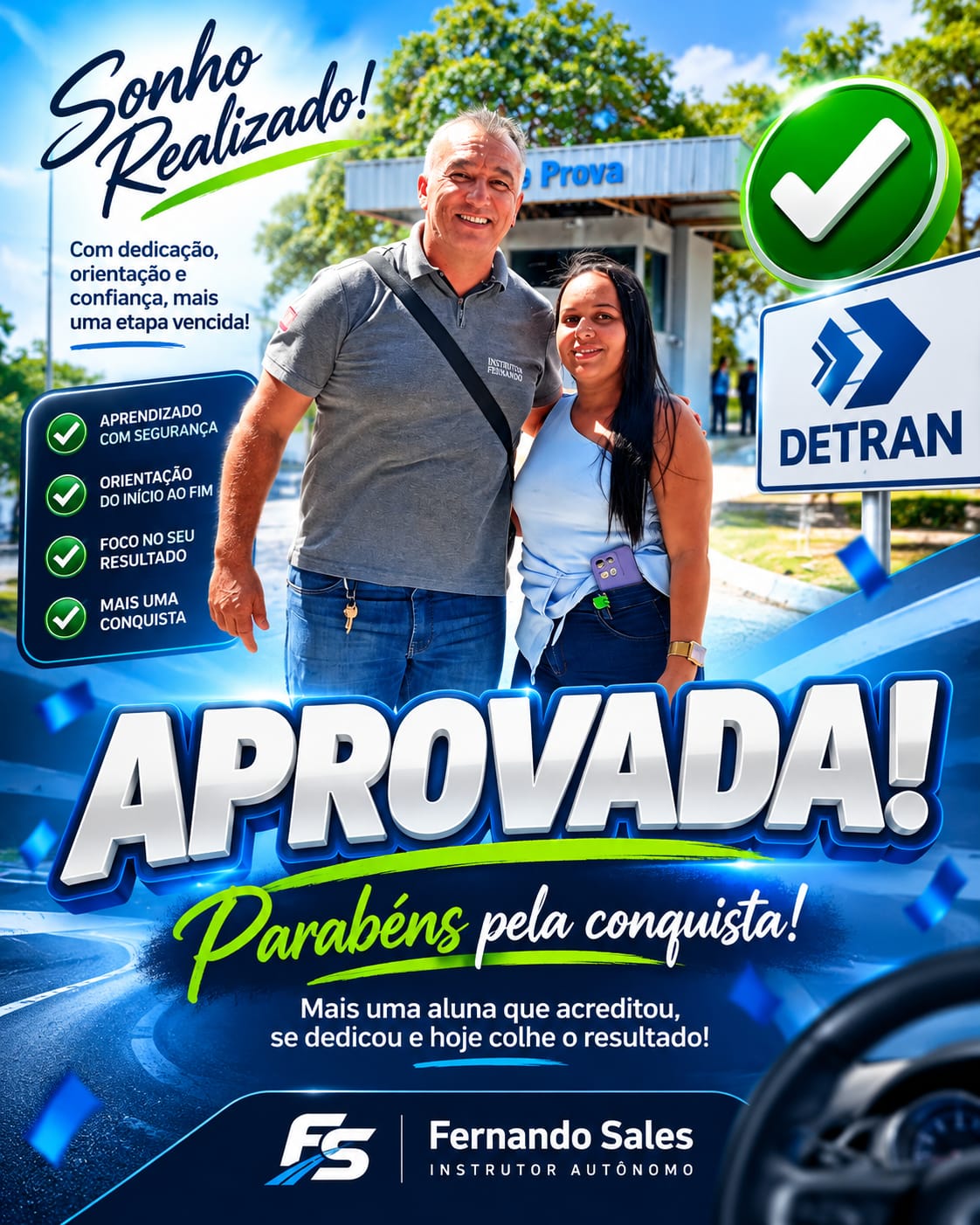 Aluna aprovada com o instrutor Fernando Sales